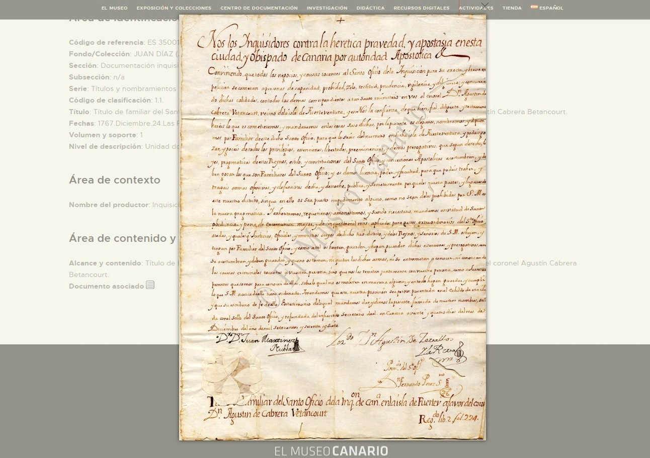 Difusión web de los fondos y colecciones del Archivo de El Museo Canario